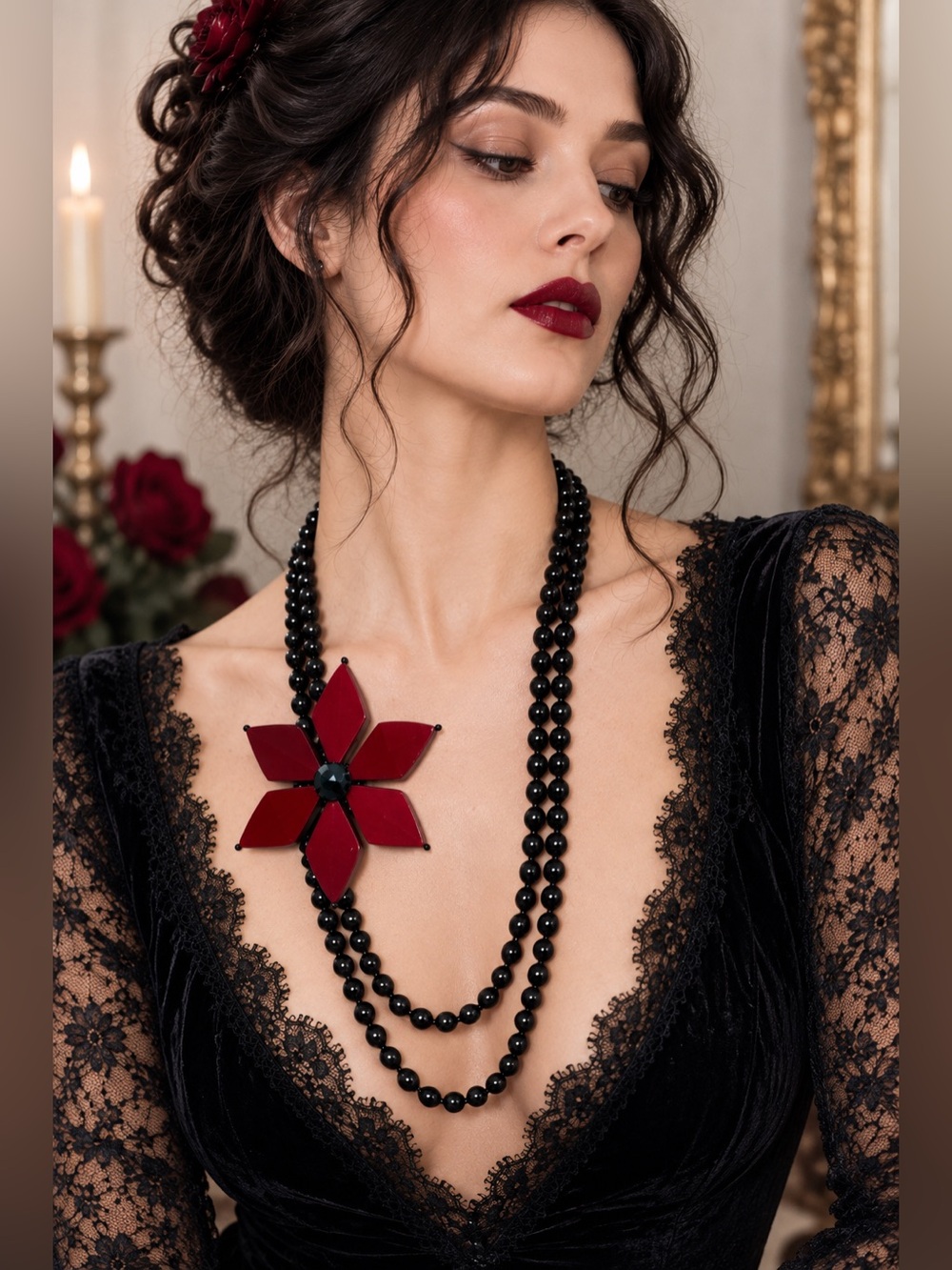Vtg JS Black Glass Bead Necklace Red Flower 40” Statement Gothic Dark Romantic